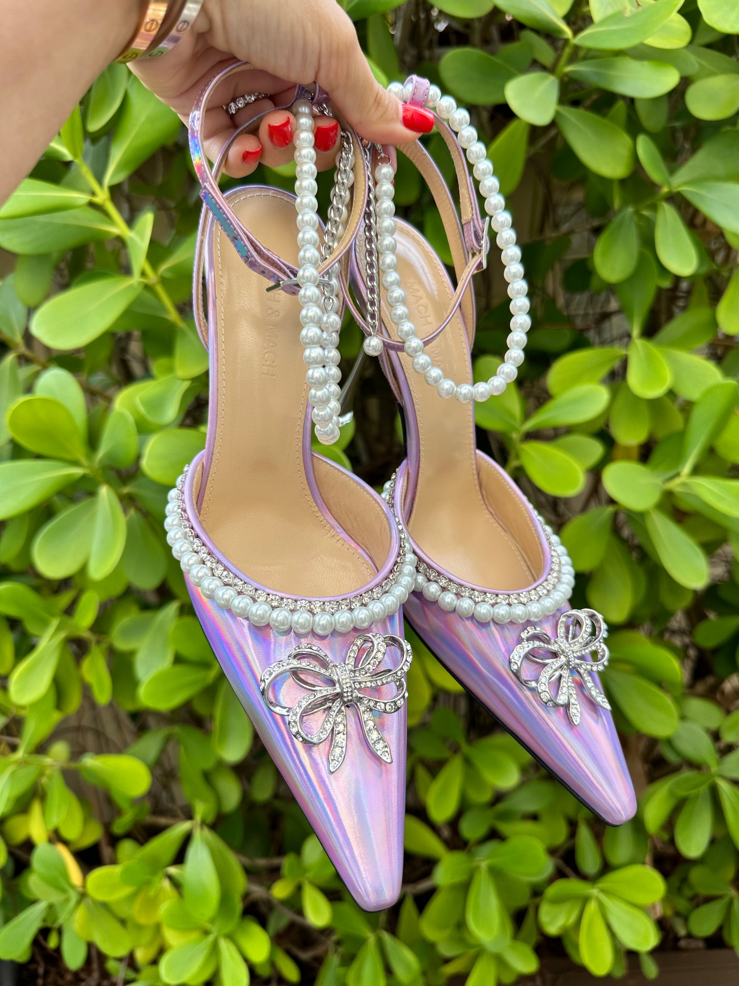 Mach & Mach Sophie Pointed Toe Crystal Embellished Pearl Bow Heel
