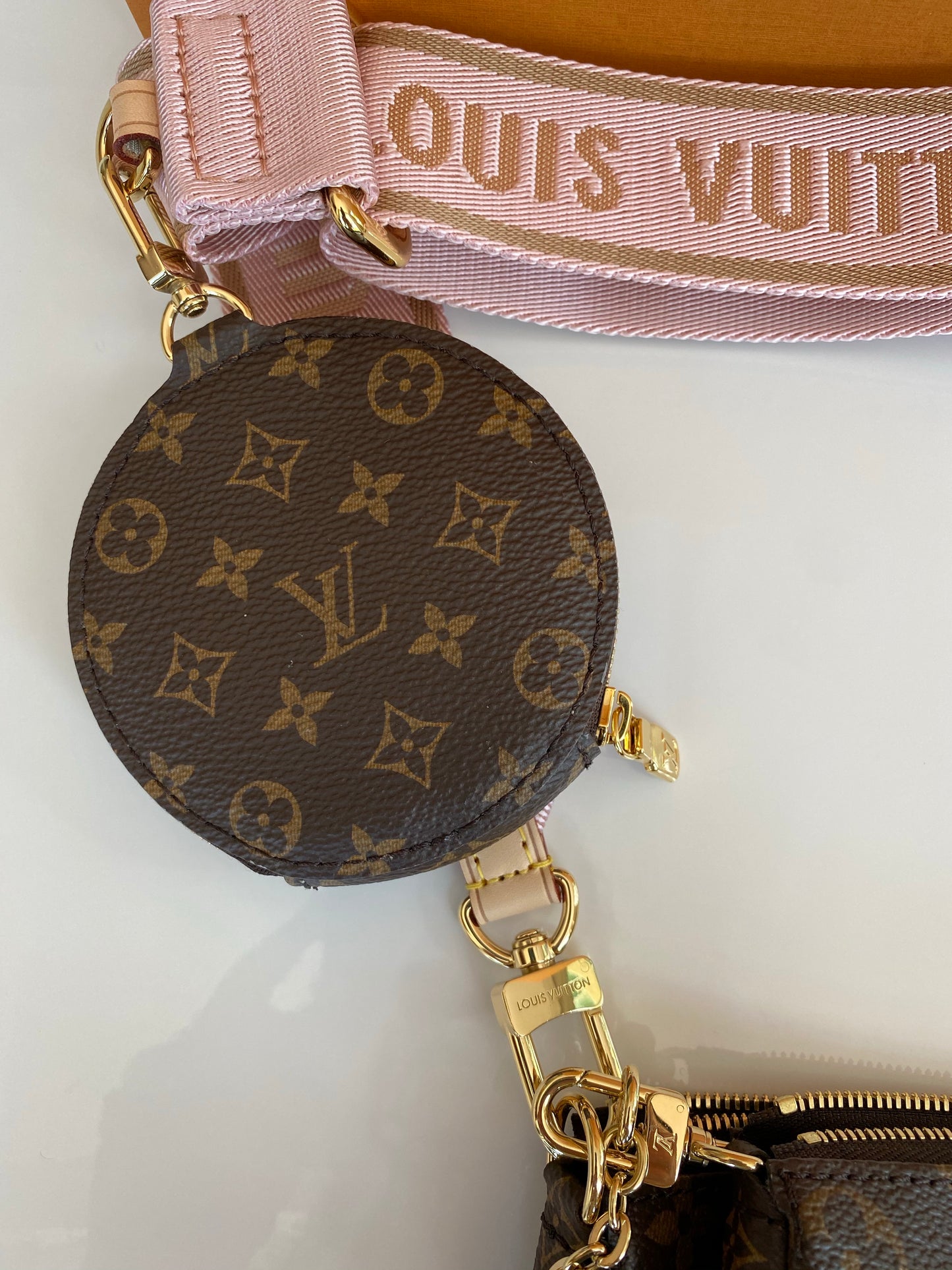 Louis Vuitton Multi Pochette Brown LV Print Rose Pink Green Strap Cross Body Bag Accessories