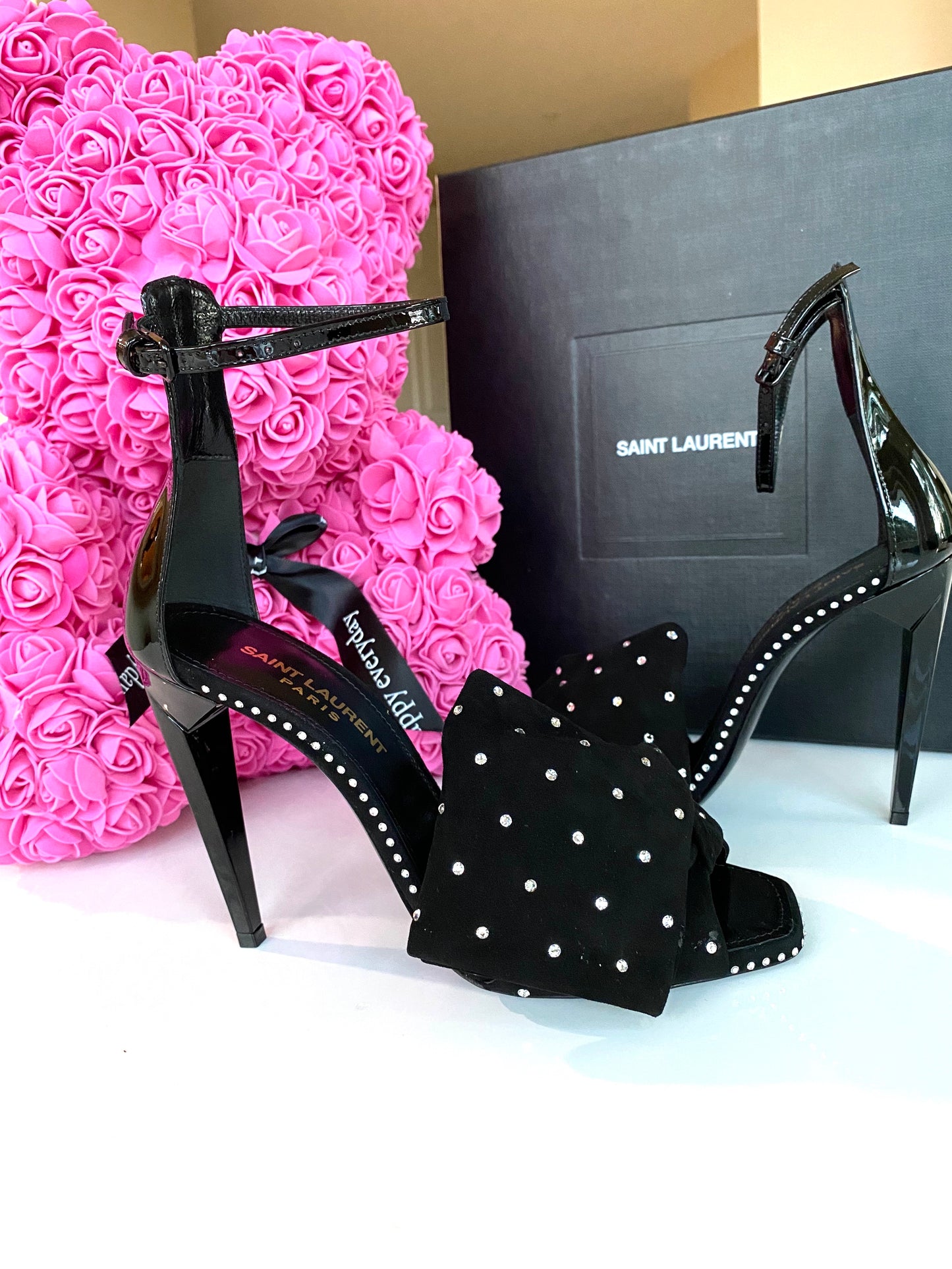 SAINT LAURENT FREJA BLACK SUEDE BOW CRYSTAL STRASS OPEN TOE SANDAL SHOES