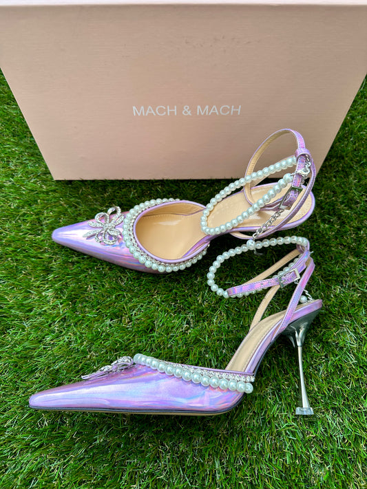 Mach & Mach Sophie Pointed Toe Crystal Embellished Pearl Bow Heel