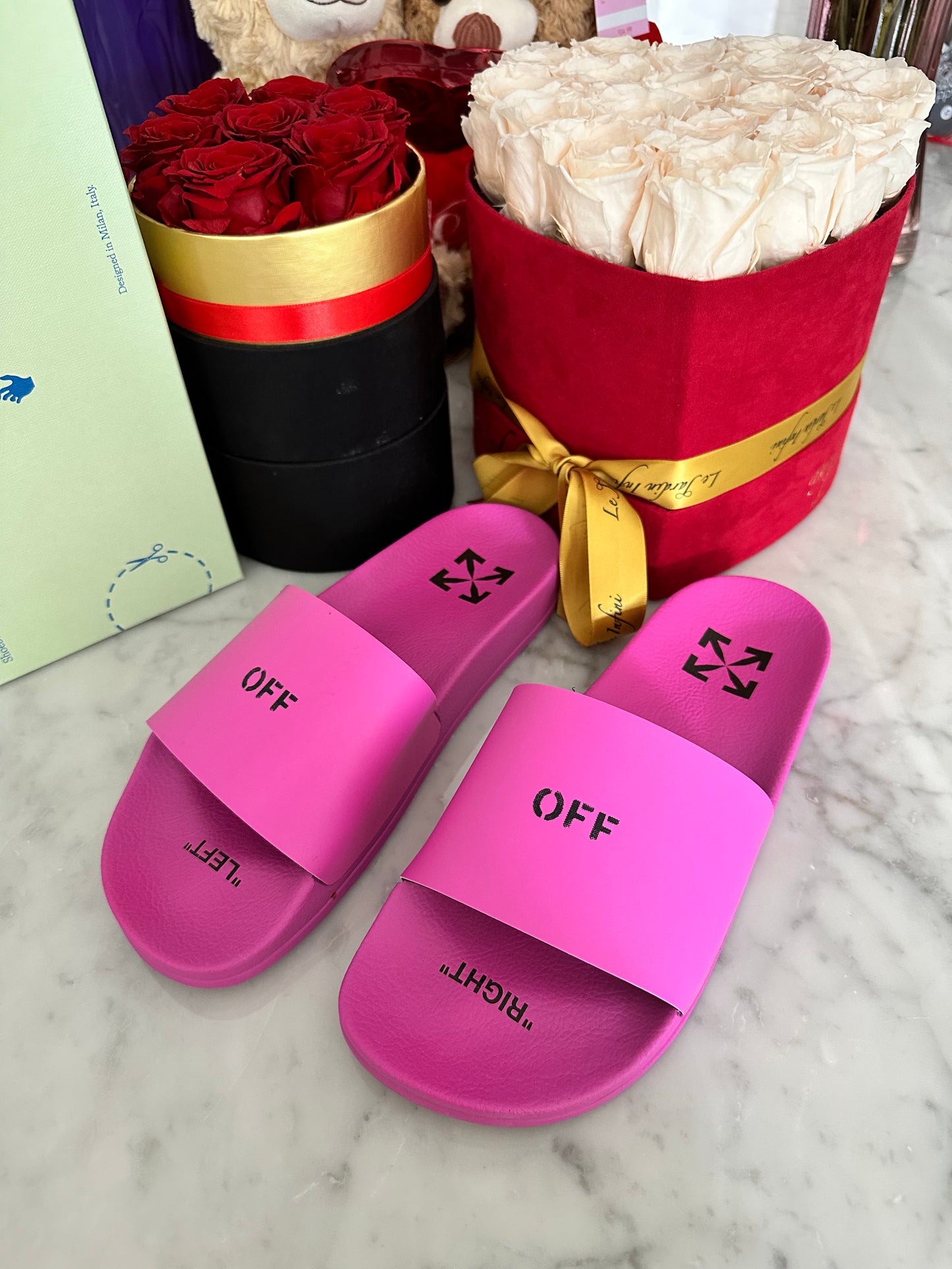 Off-White Pink Magenta Logo Rubber Pool Slides Sandals
