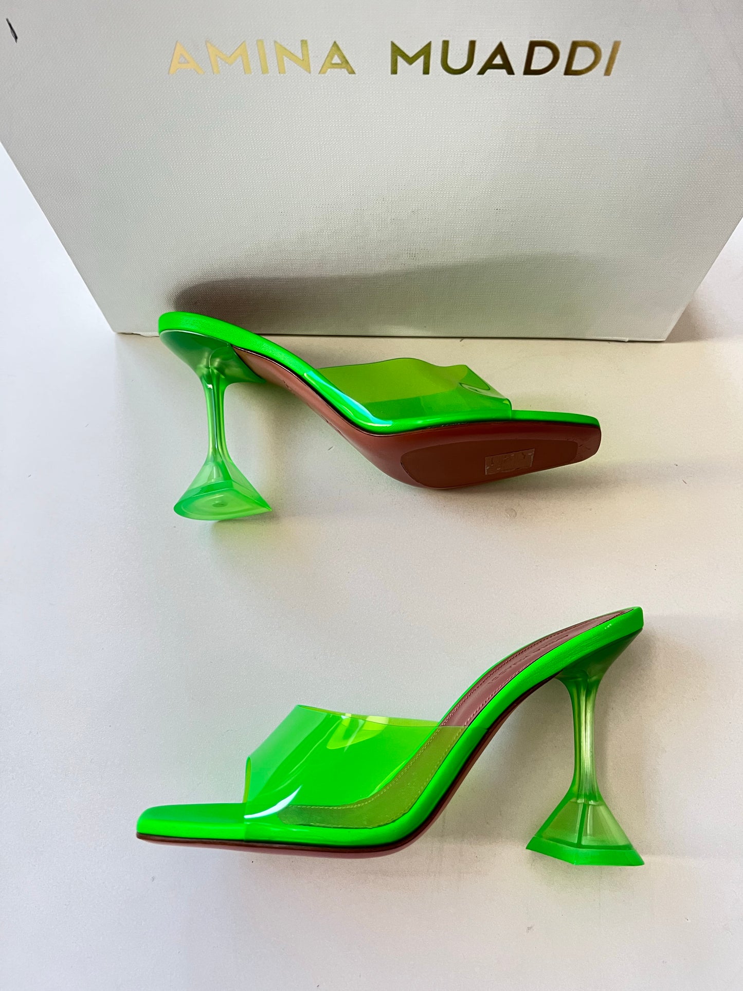 Amina Muaddi Lupita Glass PVC Green Neon Transparent Mule Pumps Mules