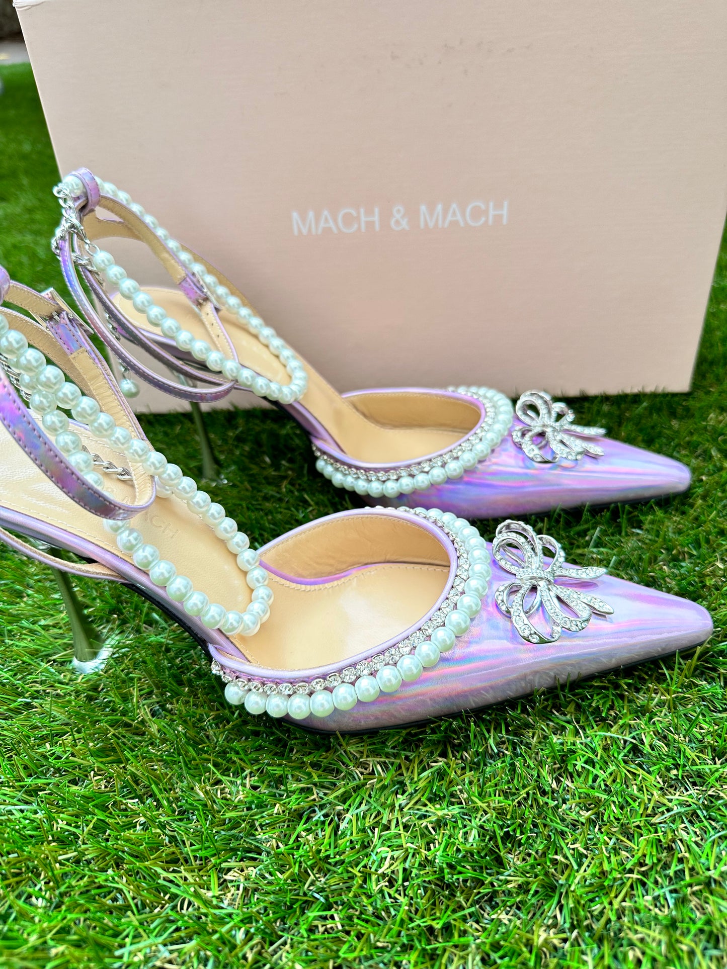 Mach & Mach Sophie Pointed Toe Crystal Embellished Pearl Bow Heel