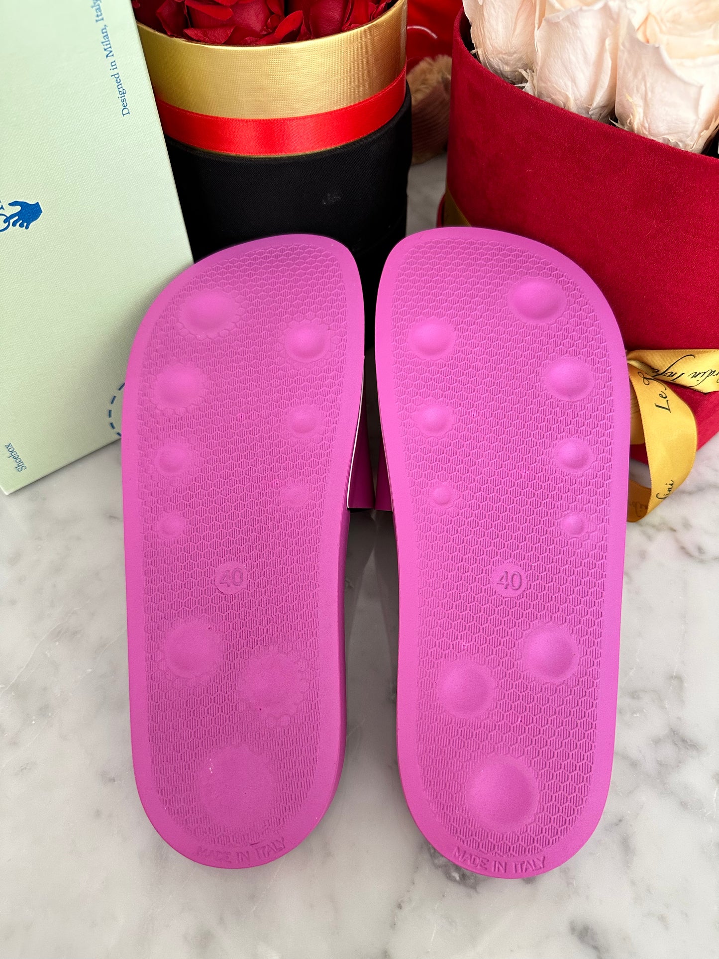Off-White Pink Magenta Logo Rubber Pool Slides Sandals