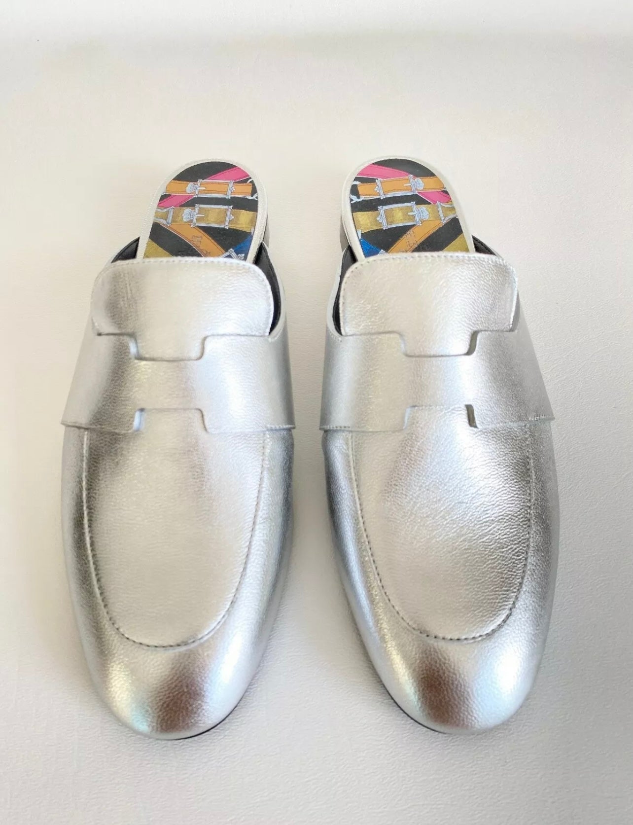 HERMES H CATENA SILVER LEATHER MULES FLIP FLOPS SHOES FLAT SLIDES
