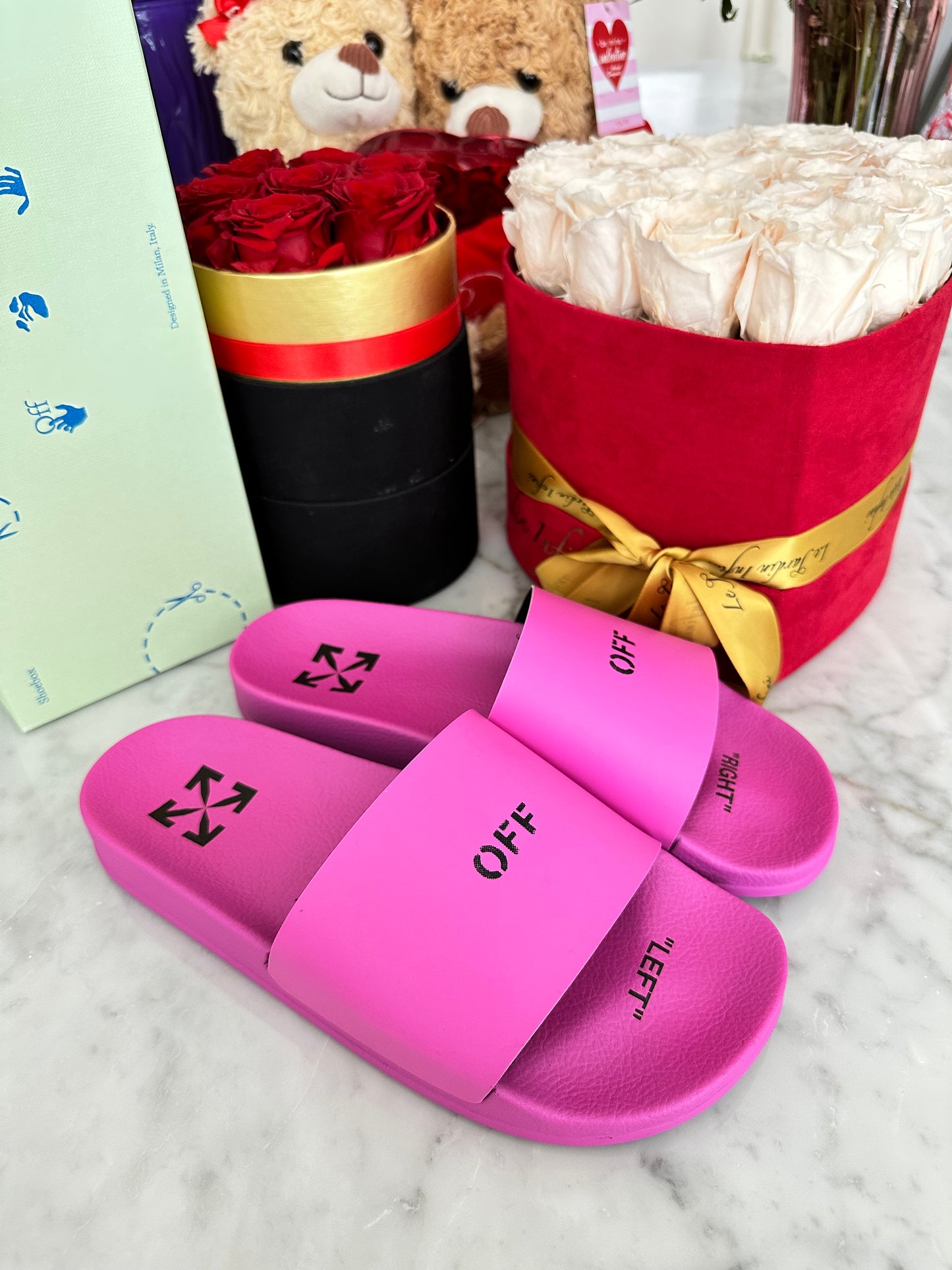 Off-White Pink Magenta Logo Rubber Pool Slides Sandals