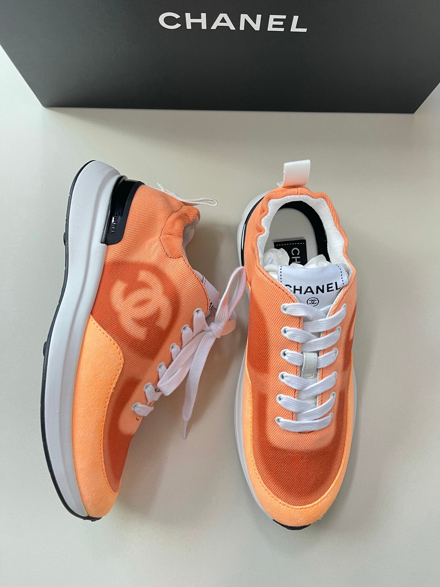 Chanel Denim Suede Calfskin Neon Orange CC Logo Trainers Sneakers