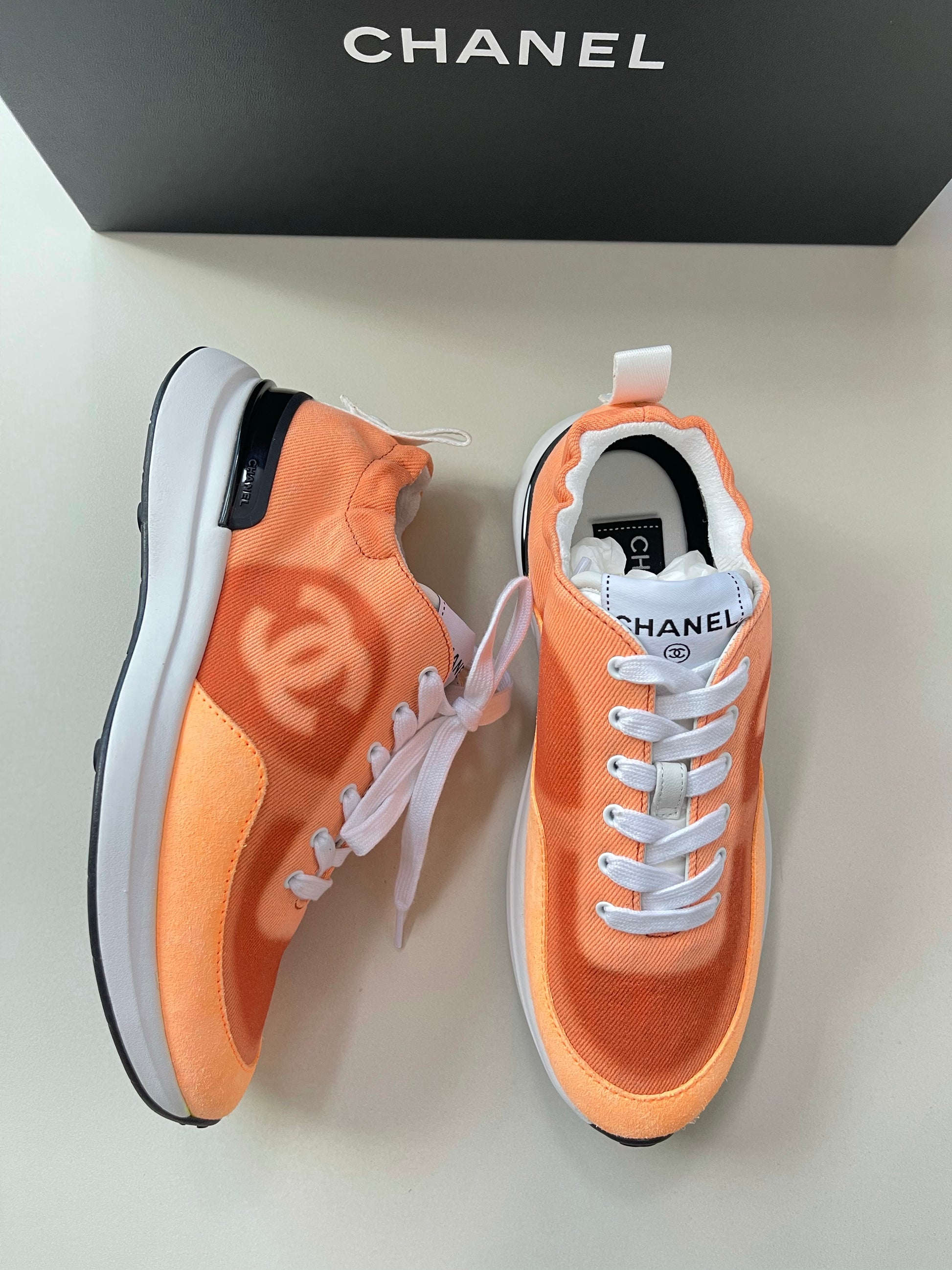 Chanel Denim Suede Calfskin Neon Orange CC Logo Trainers Sneakers – Miami  Lux Boutique