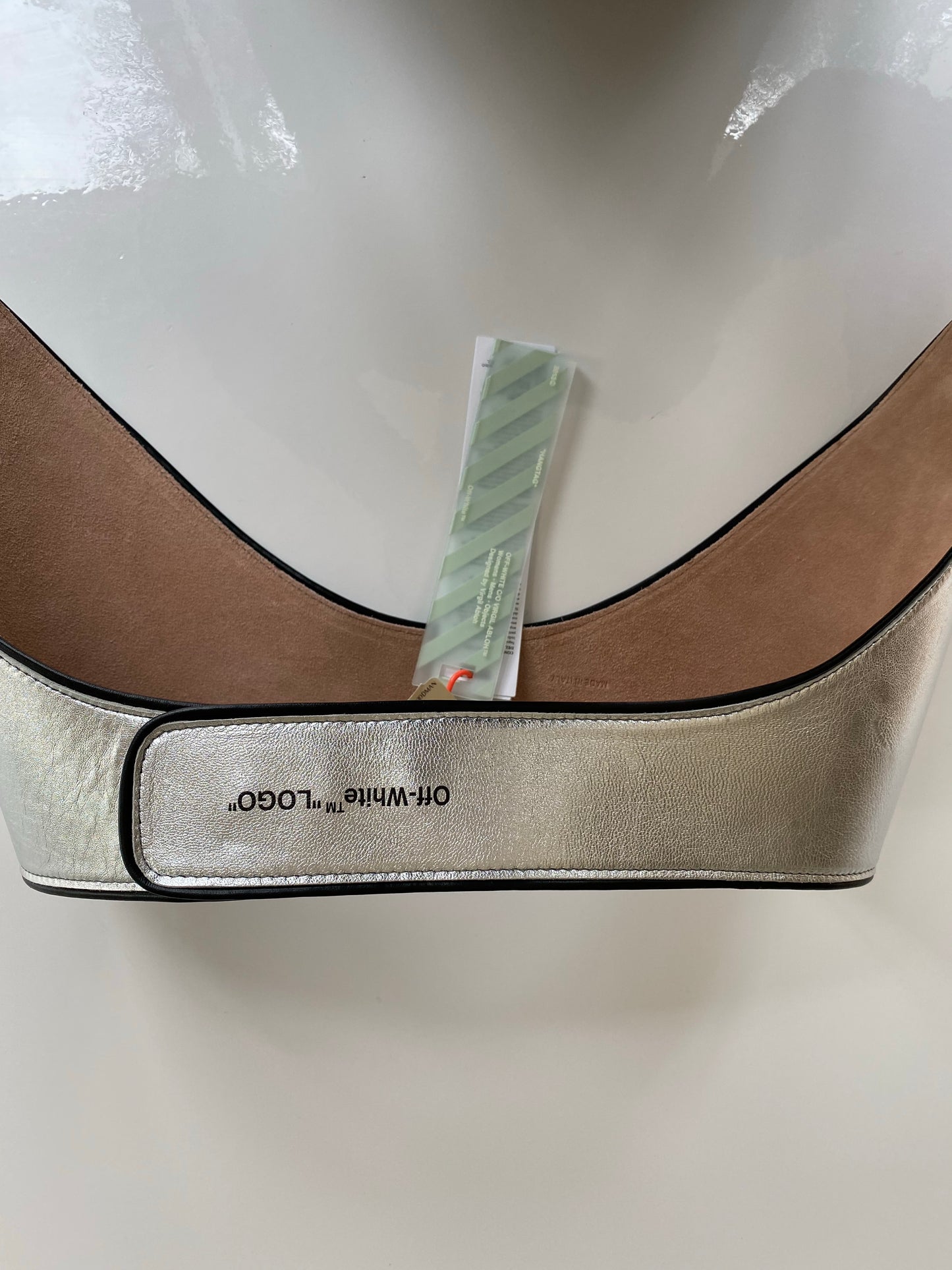 Off-White Silver Metallic Leather Snap Racing Belt
