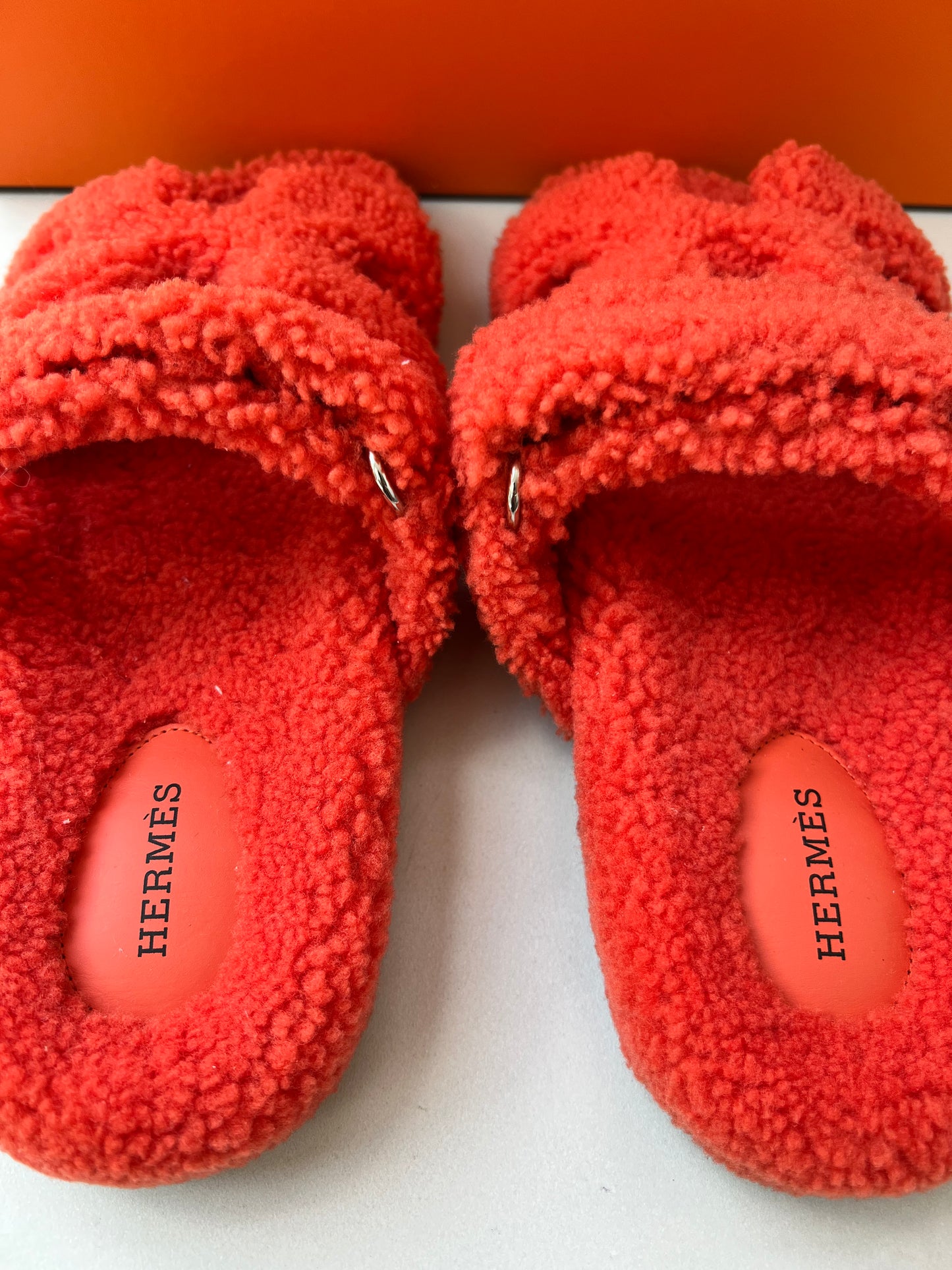 HERMES H CHYPRE ORANGE WOOLSKIN SANDALS SHOES FLAT SLIDES