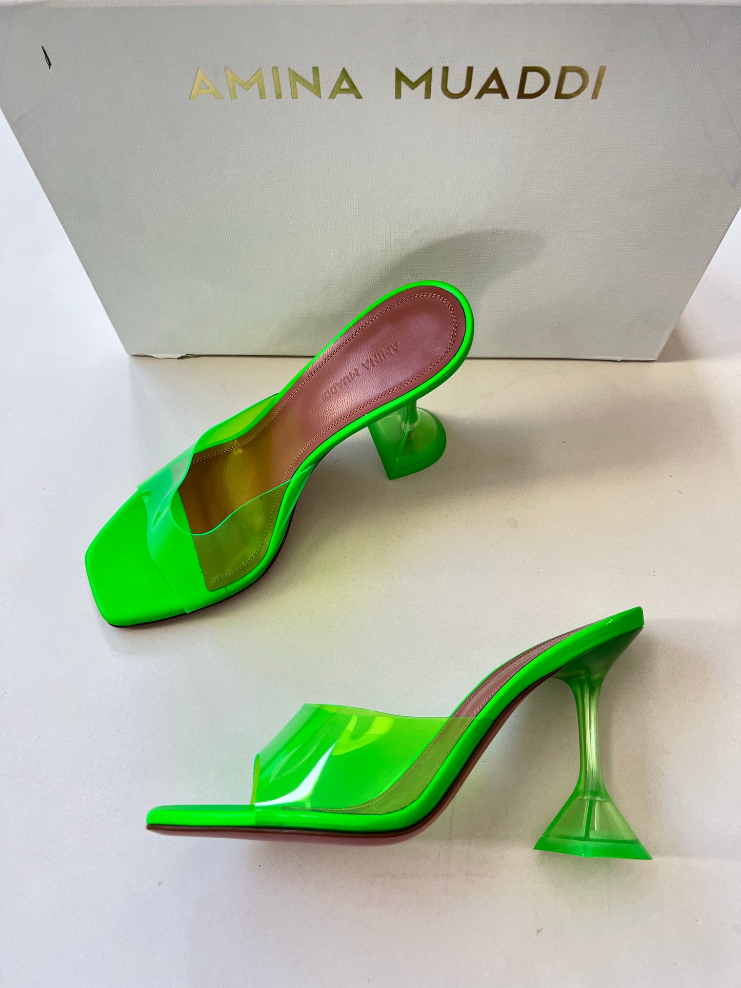 Amina Muaddi Lupita Glass PVC Green Neon Transparent Mule Pumps Mules