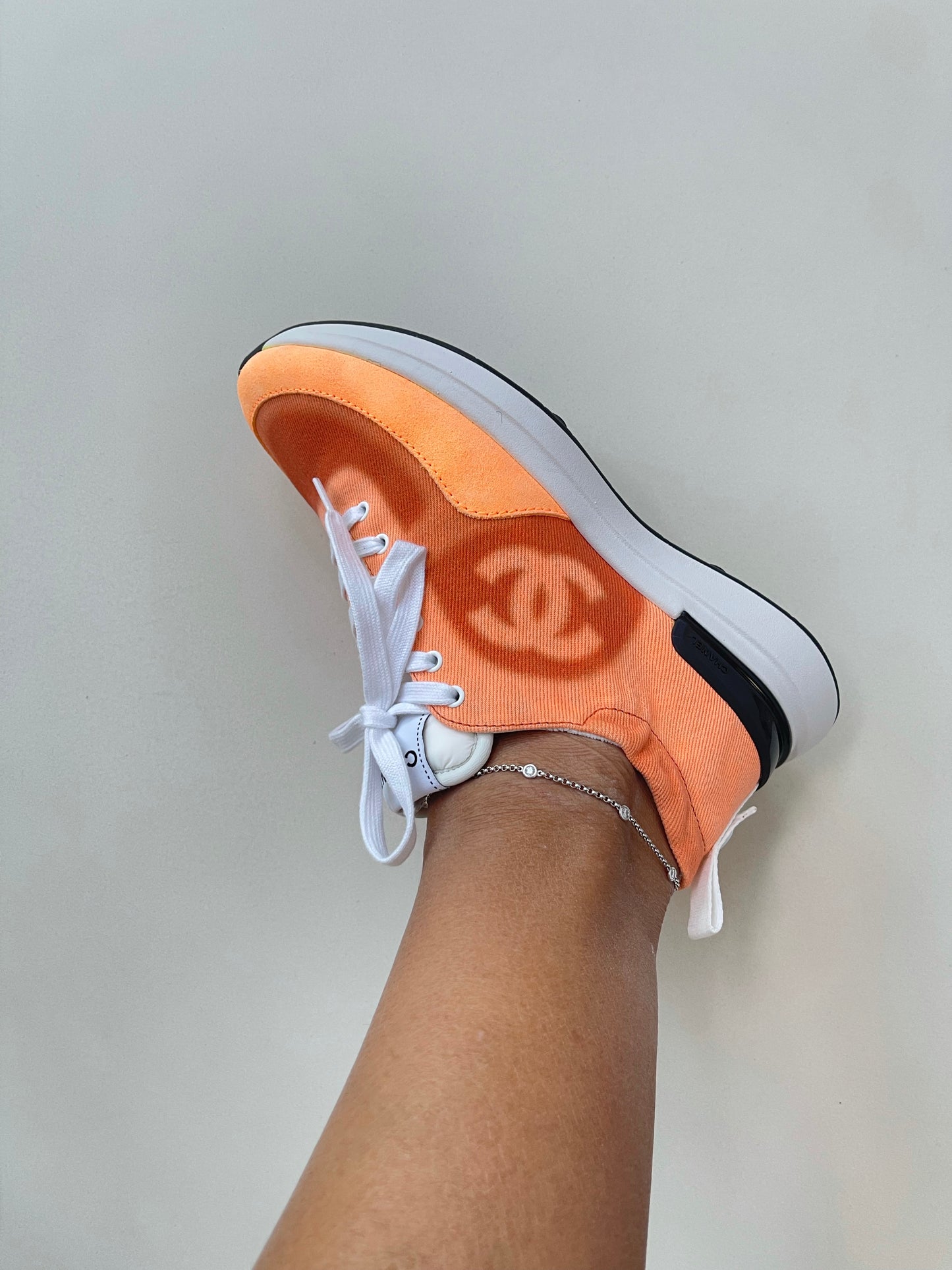 Chanel Denim Suede Calfskin Neon Orange CC Logo Trainers Sneakers