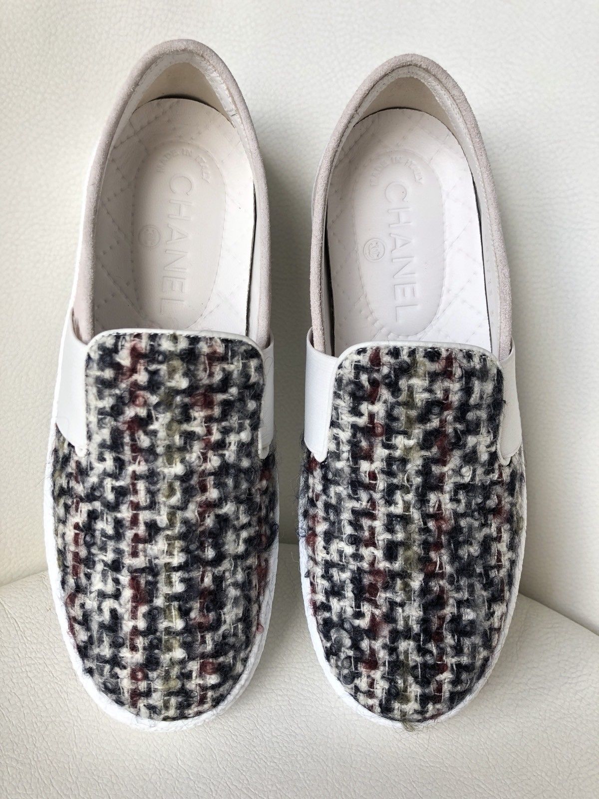 CHANEL PLAID TWEED SUEDE GREY SLIP ON LOAFERS MOCCASIN SHOES