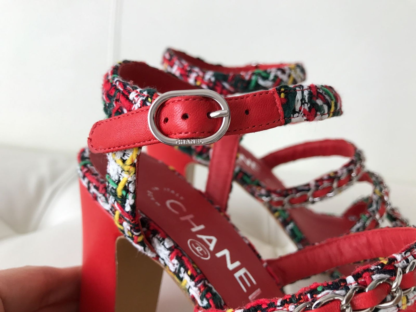 $1.1K CHANEL RED LEATHER MULTICOLOR TWEED CHAINED CHAIN SANDAL SANDALS OPEN TOE SHOES