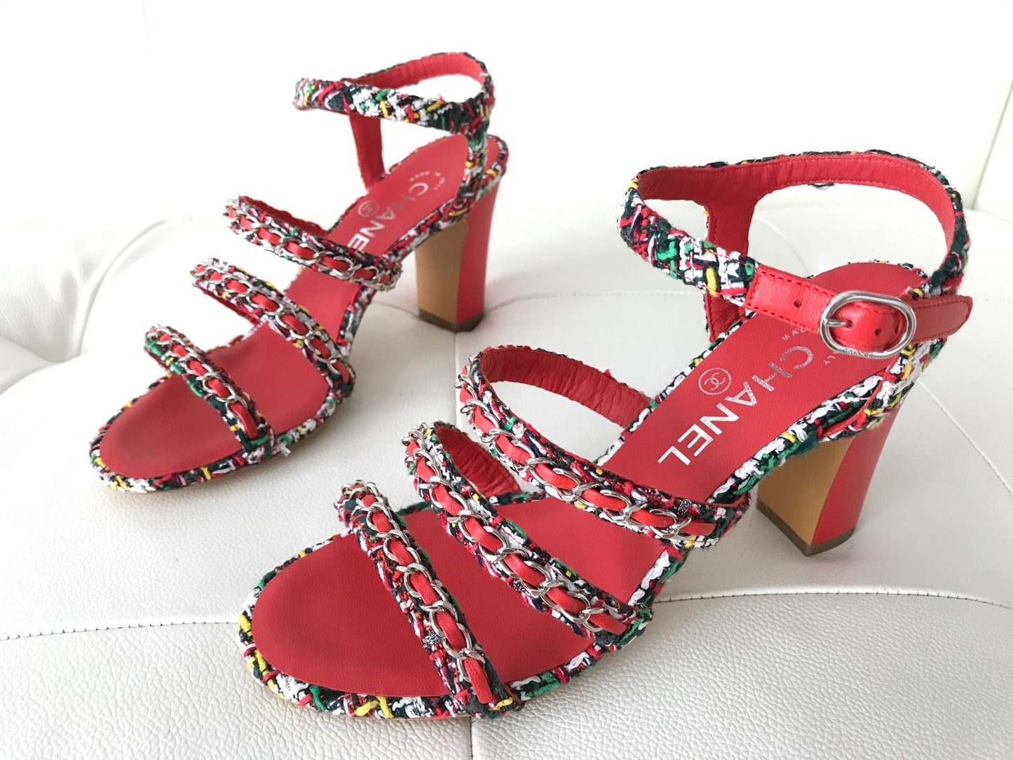 $1.1K CHANEL RED LEATHER MULTICOLOR TWEED CHAINED CHAIN SANDAL SANDALS OPEN TOE SHOES