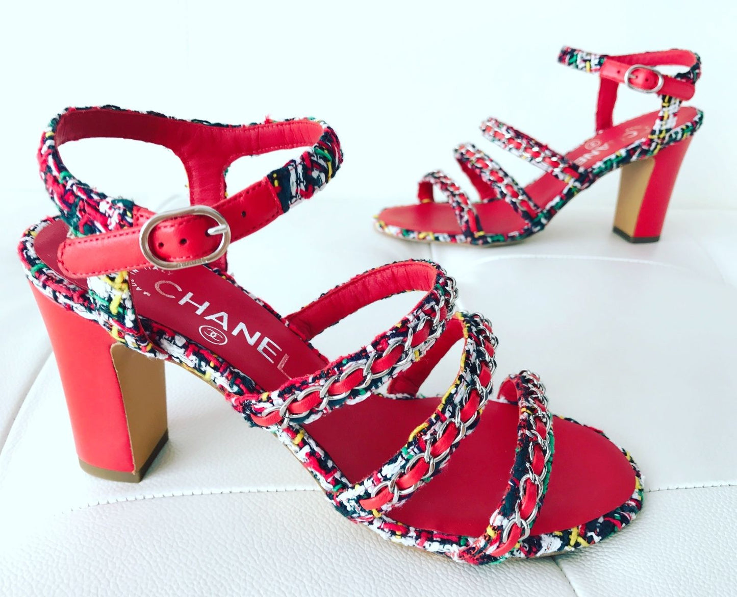 $1.1K CHANEL RED LEATHER MULTICOLOR TWEED CHAINED CHAIN SANDAL SANDALS OPEN TOE SHOES