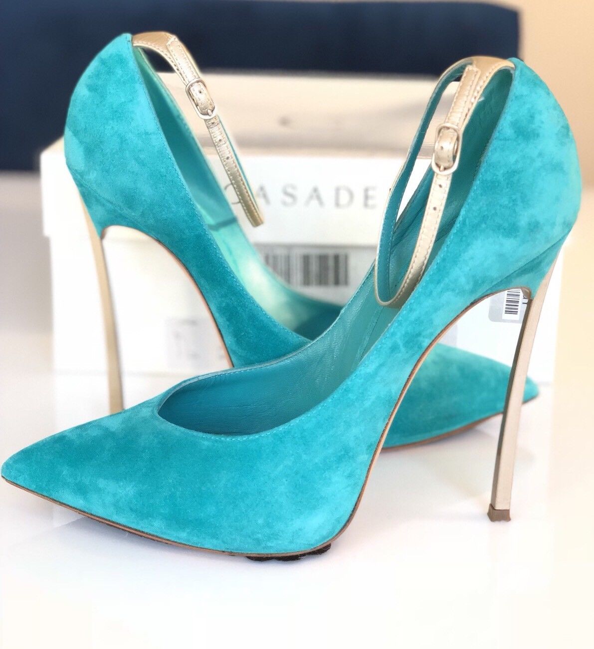 CASADEI BLADE METAL HEEL POINTED TOE TURQUOISE GREEN ANICE SUEDE PUMP SHOES