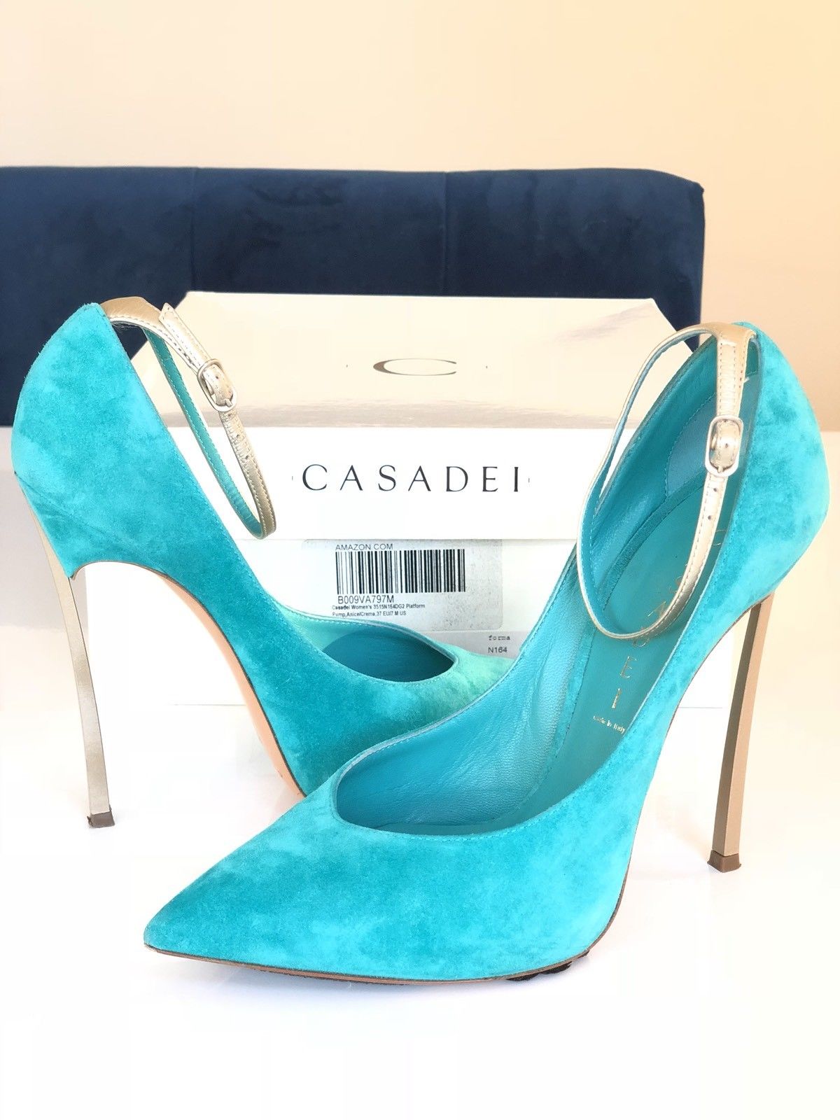 CASADEI BLADE METAL HEEL POINTED TOE TURQUOISE GREEN ANICE SUEDE PUMP SHOES