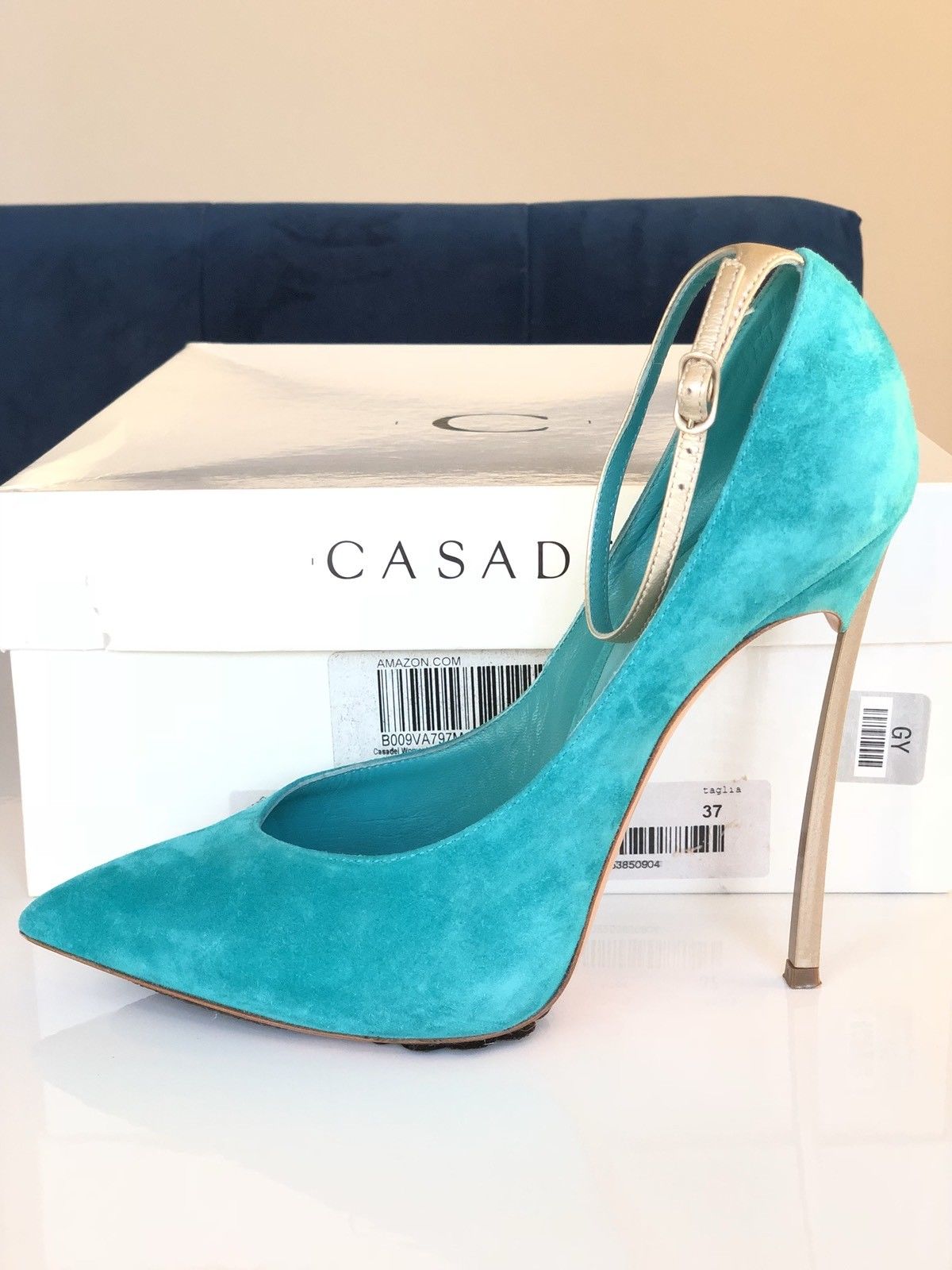 CASADEI BLADE METAL HEEL POINTED TOE TURQUOISE GREEN ANICE SUEDE PUMP SHOES