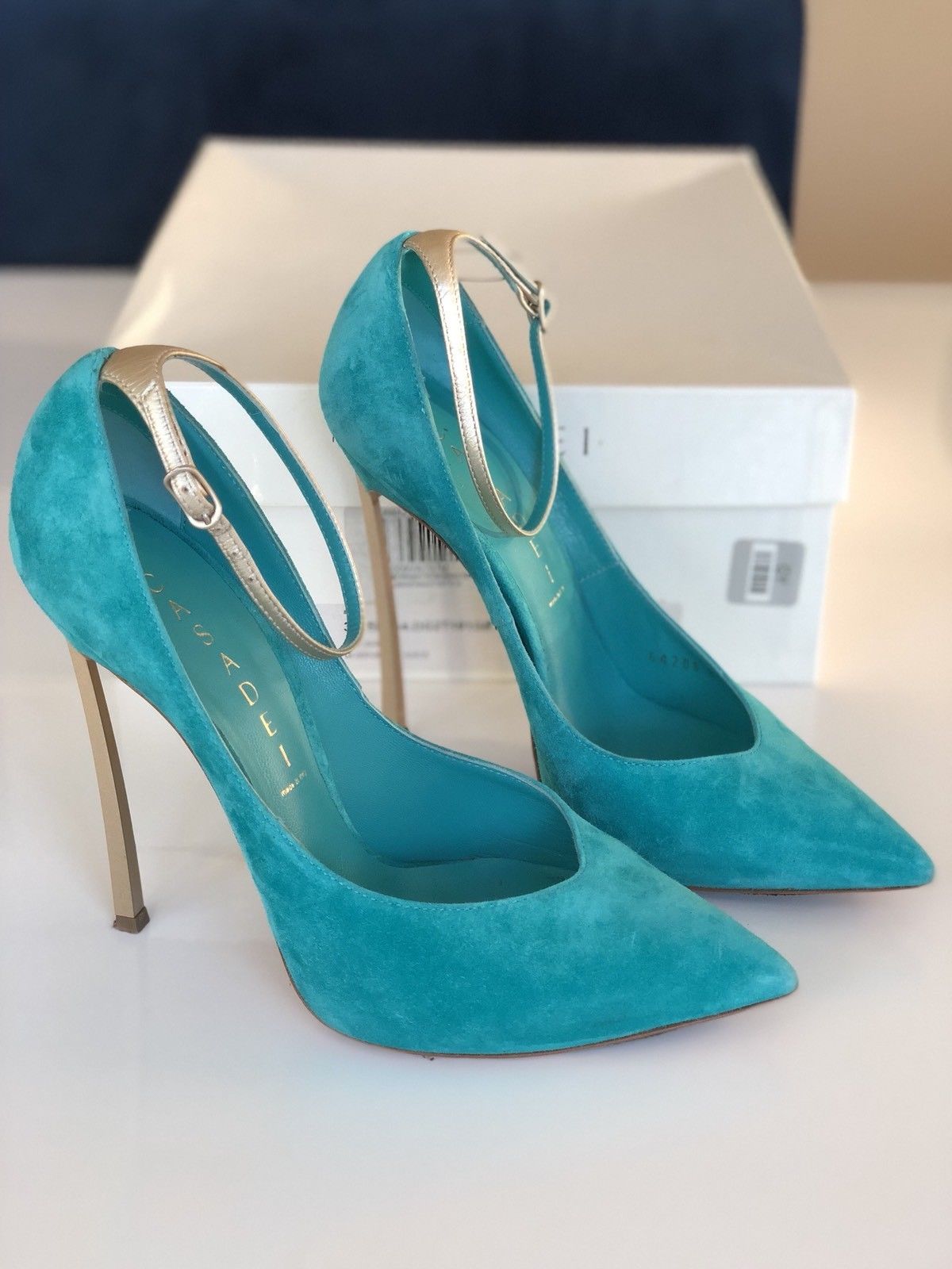 CASADEI BLADE METAL HEEL POINTED TOE TURQUOISE GREEN ANICE SUEDE PUMP SHOES