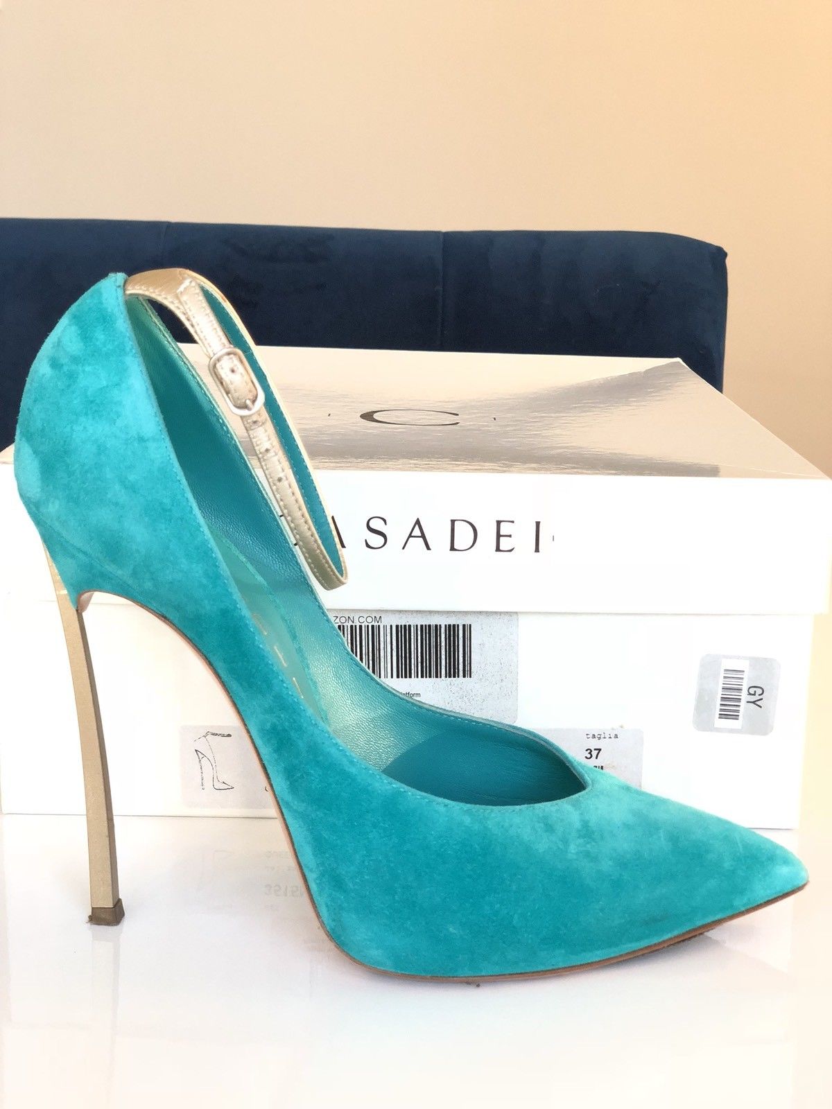 CASADEI BLADE METAL HEEL POINTED TOE TURQUOISE GREEN ANICE SUEDE PUMP SHOES