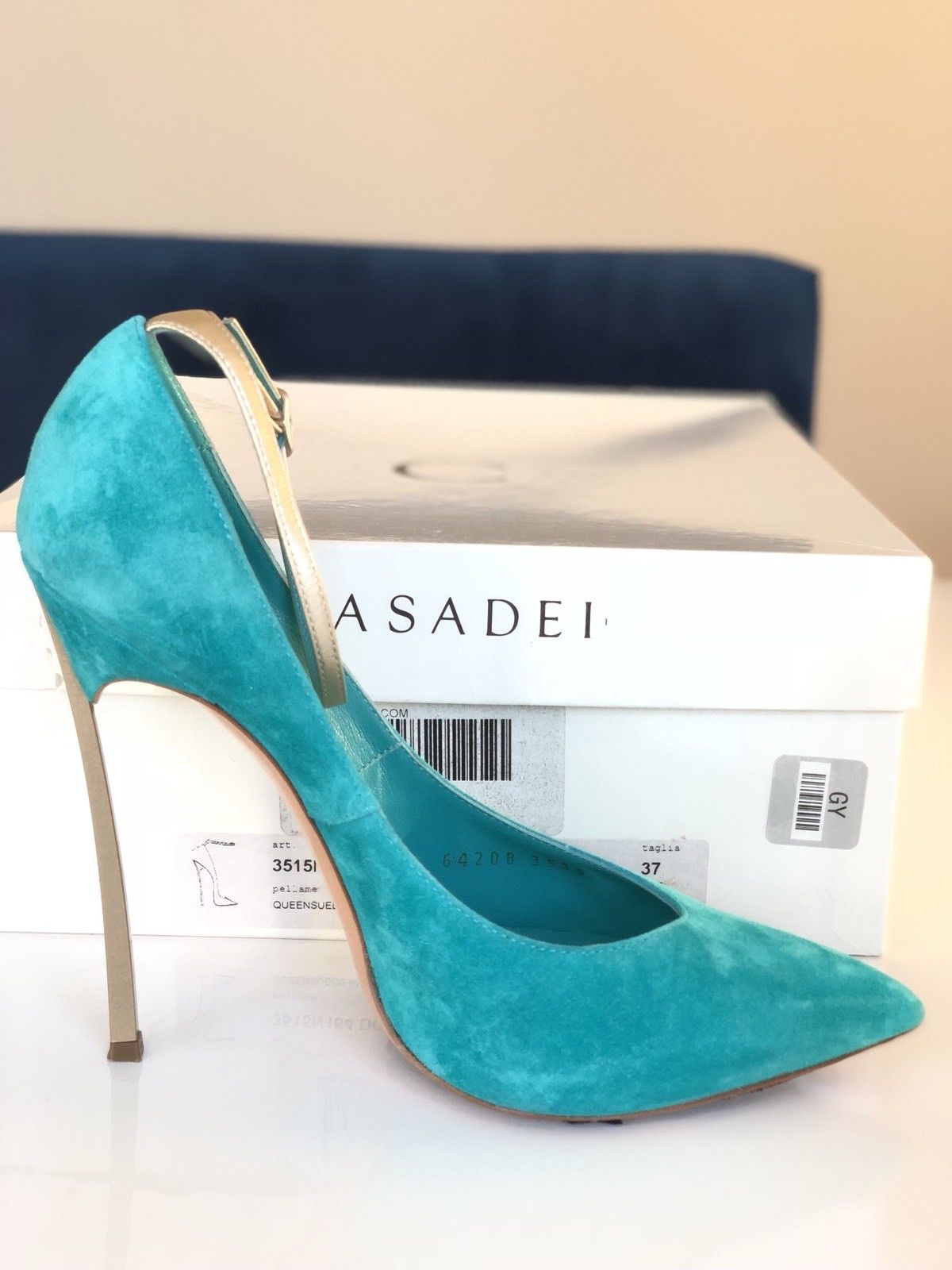 CASADEI BLADE METAL HEEL POINTED TOE TURQUOISE GREEN ANICE SUEDE PUMP SHOES