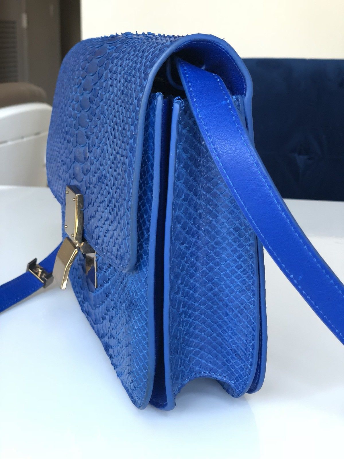 Celine Python Royal Blue Box GHW Medium Flap Handbag Cross Body Bag