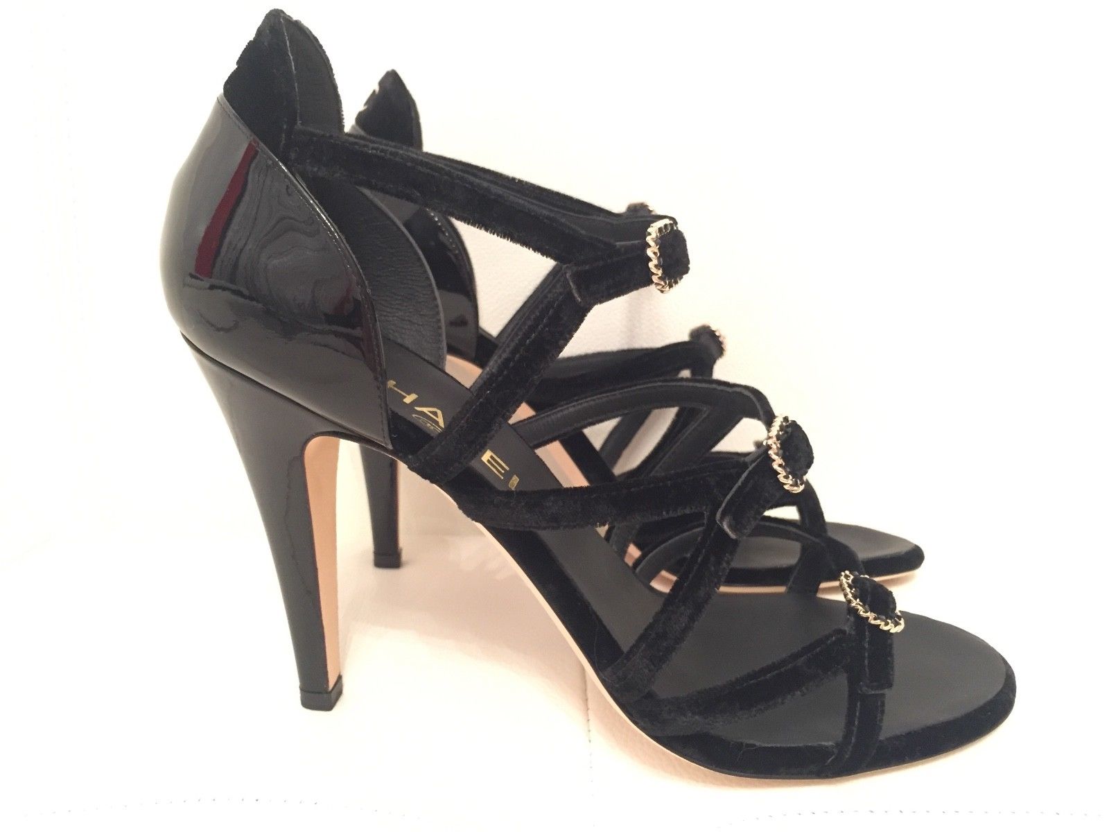 $1K CHANEL BLACK VELVET PATENT STRAPPY BUCKLE SANDAL SANDALS HEELS SHOES